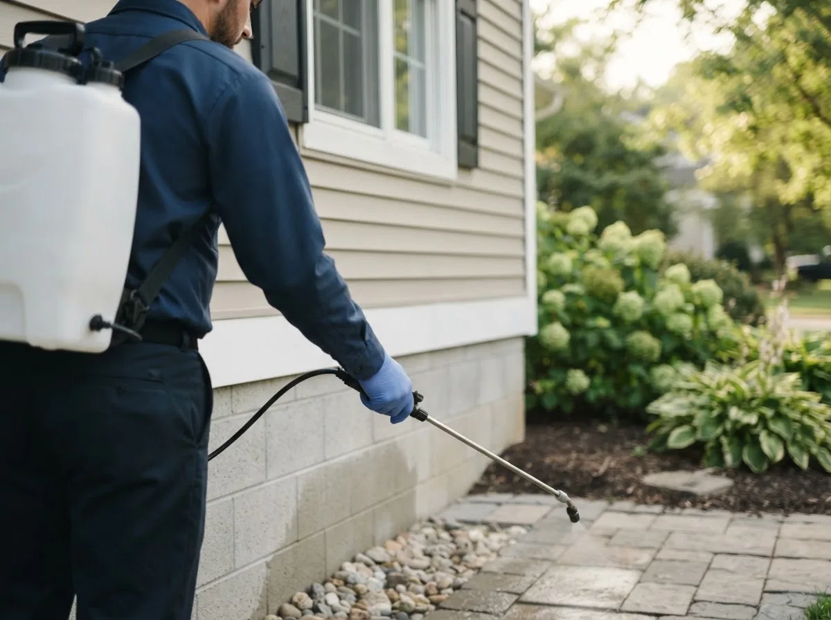 Pest control technician inspecting a home in Churdan, IA